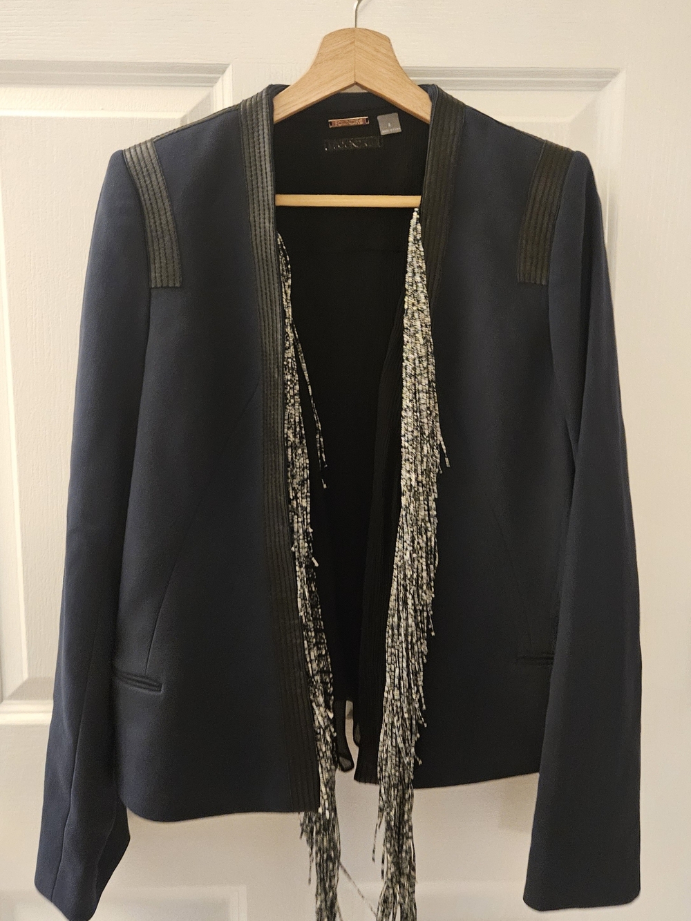 Navy Fringe-Trim Open-Front Women's Blazer